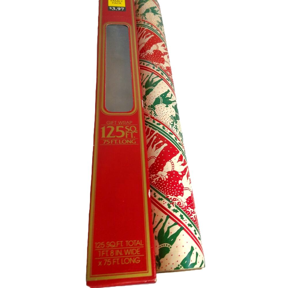 Vintage 1980s Cleo Christmas Gift Wrapping Paper Roll 125 Sq Ft Reindeer